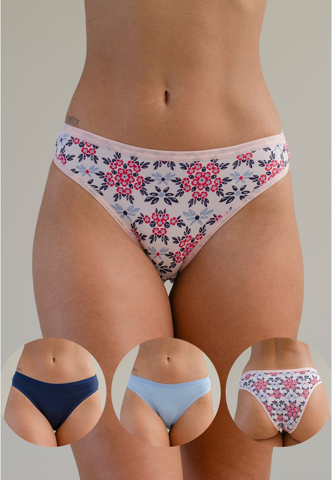 Kit 3 Calcinhas Frelith Floral Azul Claro e Marinh... - FRELITH