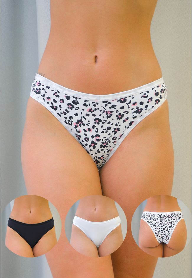 Kit 3 Calcinhas Frelith Floral Branco e Preto - ES... - FRELITH