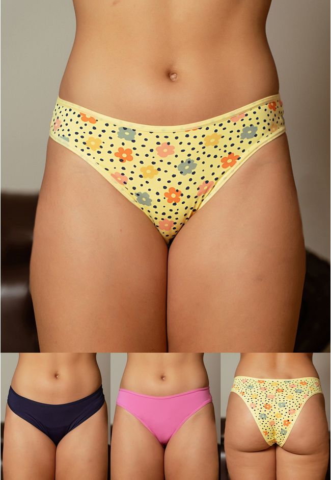 KIT COM 3 CALCINHAS FLORAL POÁ, MARINHO E ROSA - E... - FRELITH