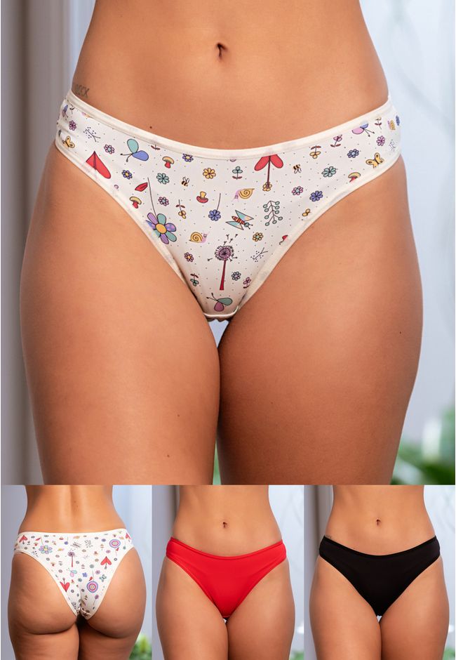 Kit 3 Calcinhas Frelith Jardim Vermelho e Preto - ... - FRELITH