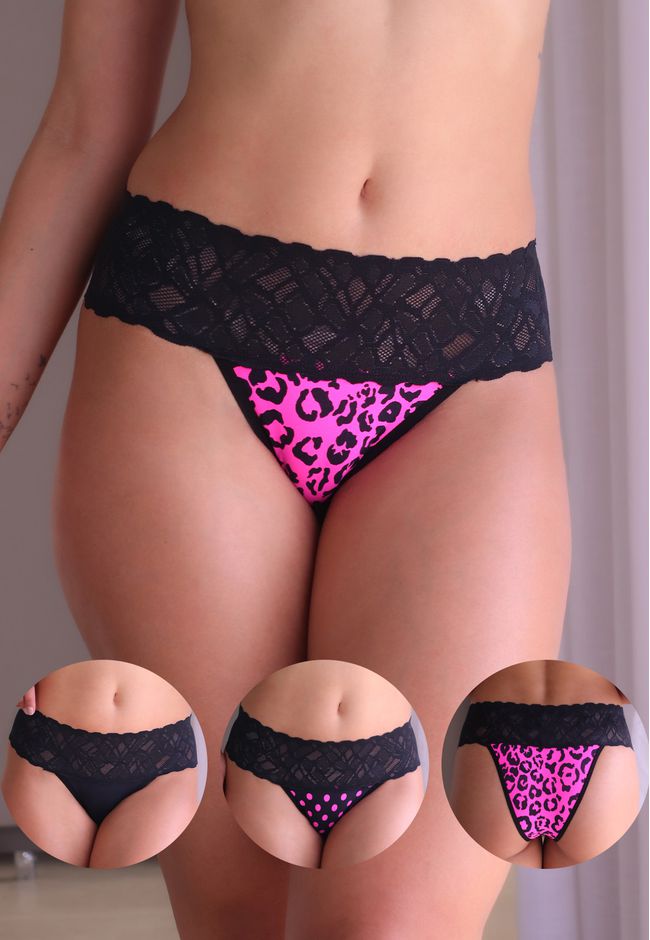 Kit 3 Calcinhas Frelith com Cós de Renda Neon Pink... - FRELITH