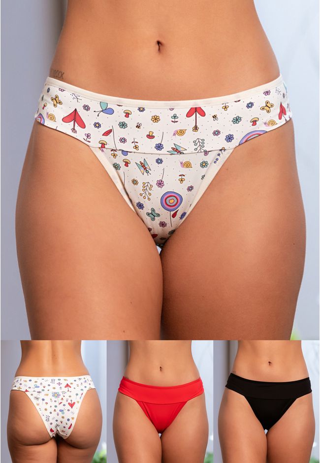 Kit 3 Calcinhas Frelith com Cós Duplo Jardim Verme... - FRELITH