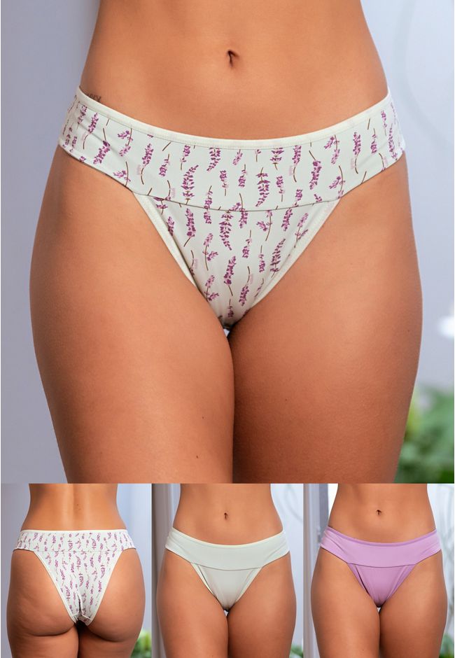 Kit 3 Calcinhas Frelith com Cós Duplo Lavanda Verd... - FRELITH