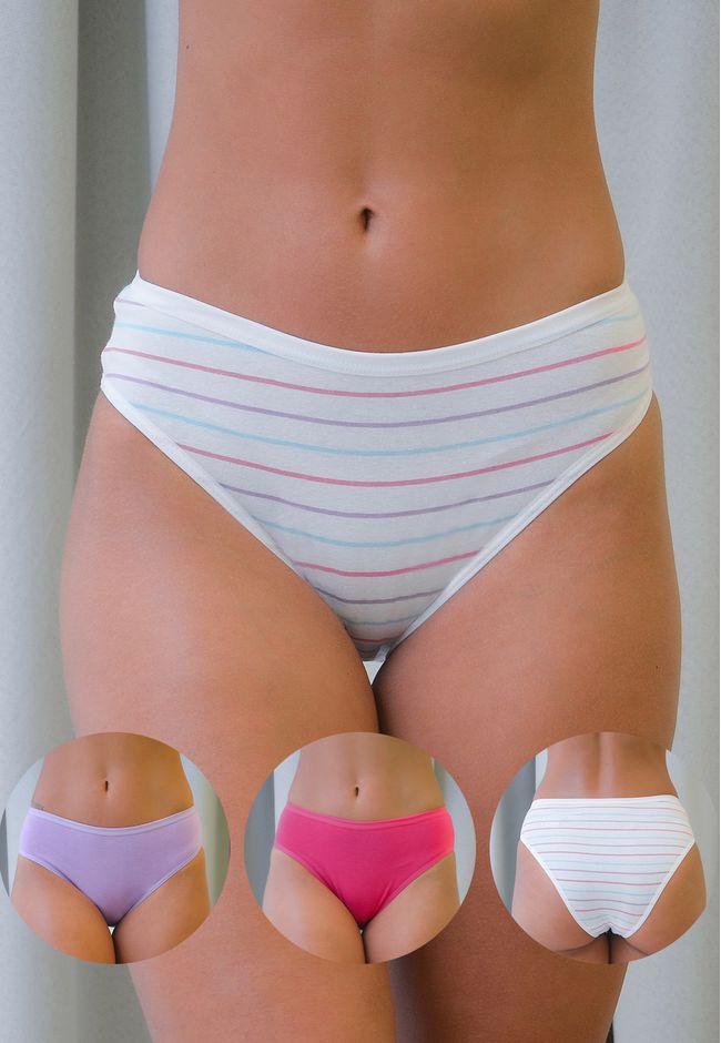 Kit 3 Calcinhas Frelith Listras Color Pink e Lilás... - FRELITH