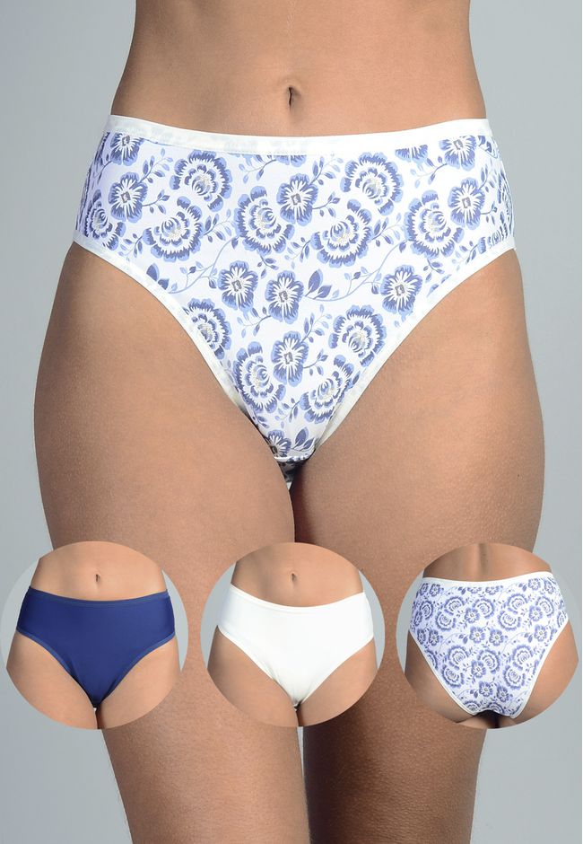 Kit 3 Calcinhas Floral, Marfim e Azul Marinho em M... - FRELITH