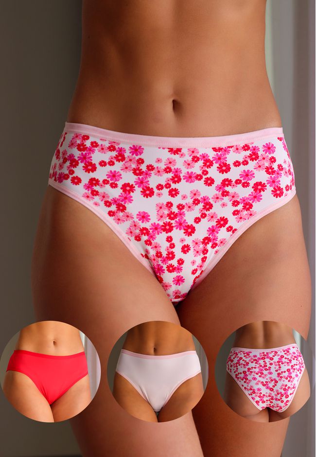 Kit 3 Calcinhas Frelith Floral, Rosê e Vermelho em... - FRELITH