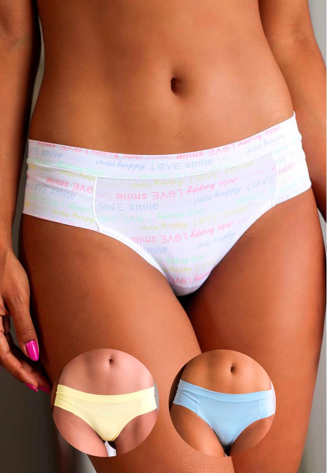 Kit 3 Calcinhas Escritas Color, Azul Claro e Amare... - FRELITH