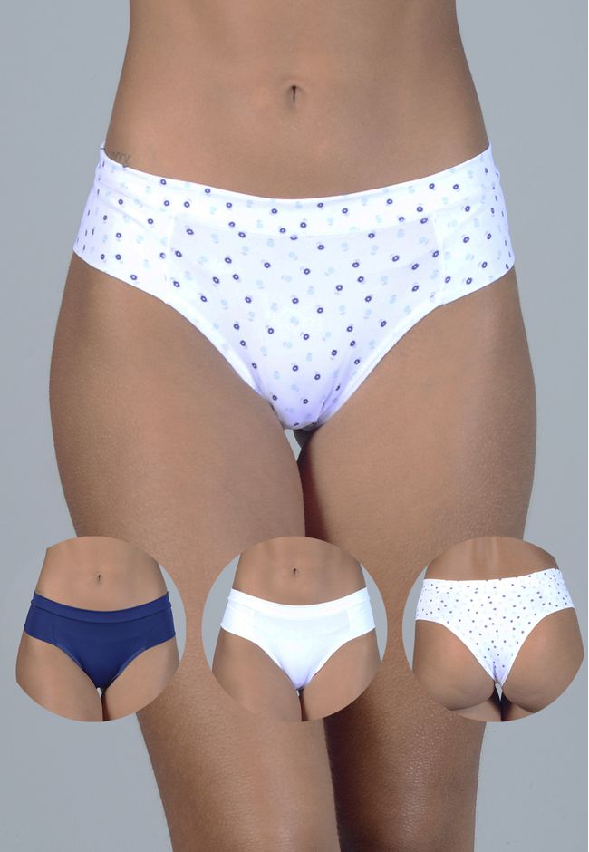 Kit 3 Calcinhas Floral, Azul Marinho e Branco em M... - FRELITH