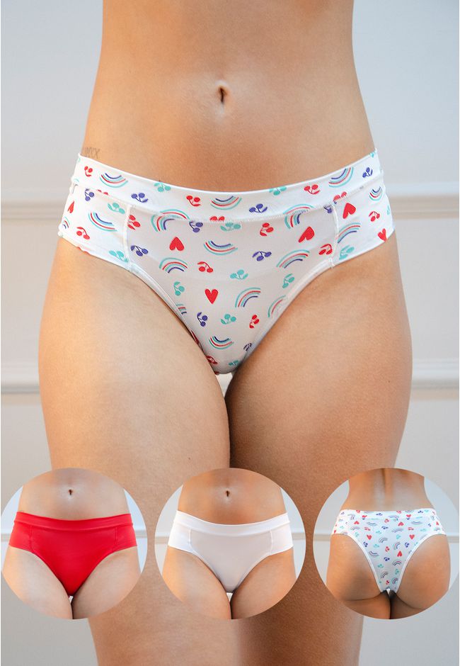 Kit 3 Calcinhas Frelith Doodle Vermelho e Branco -... - FRELITH