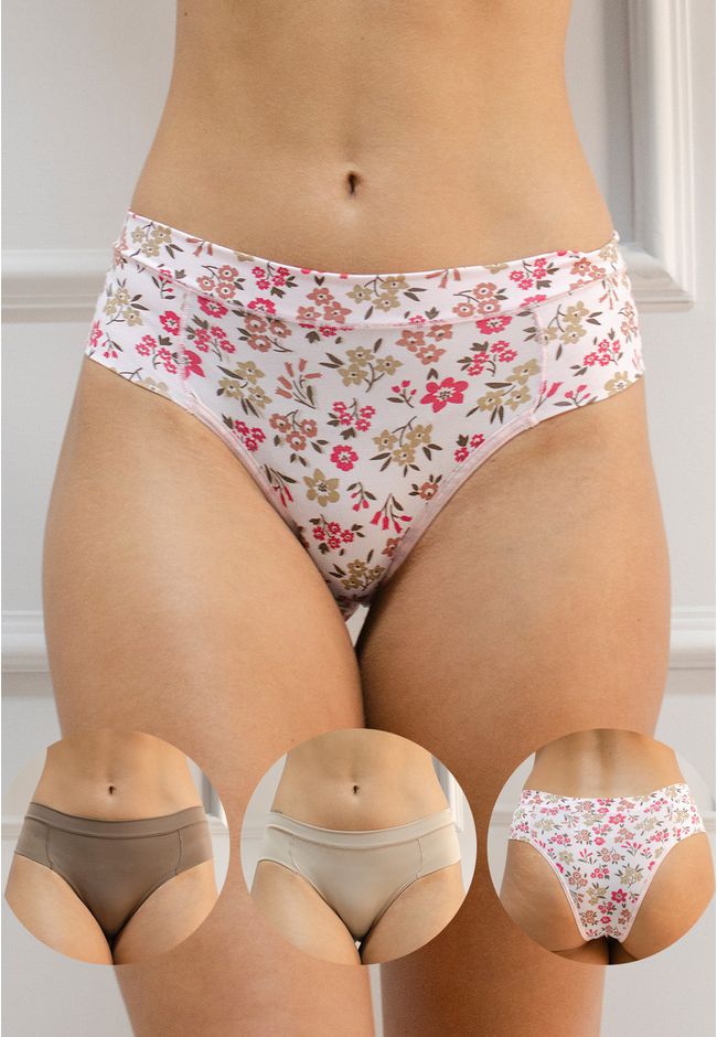 Kit 3 Calcinhas Frelith Floral Castanho e Chocolat... - FRELITH