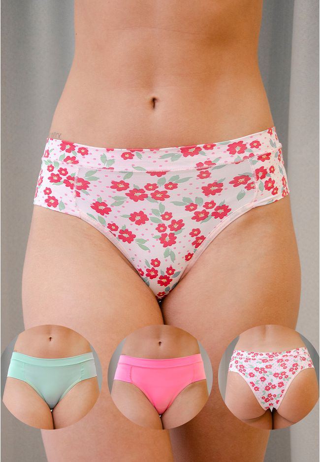 Kit 3 Calcinhas Frelith Floral Verde e Rosa - ESTA... - FRELITH