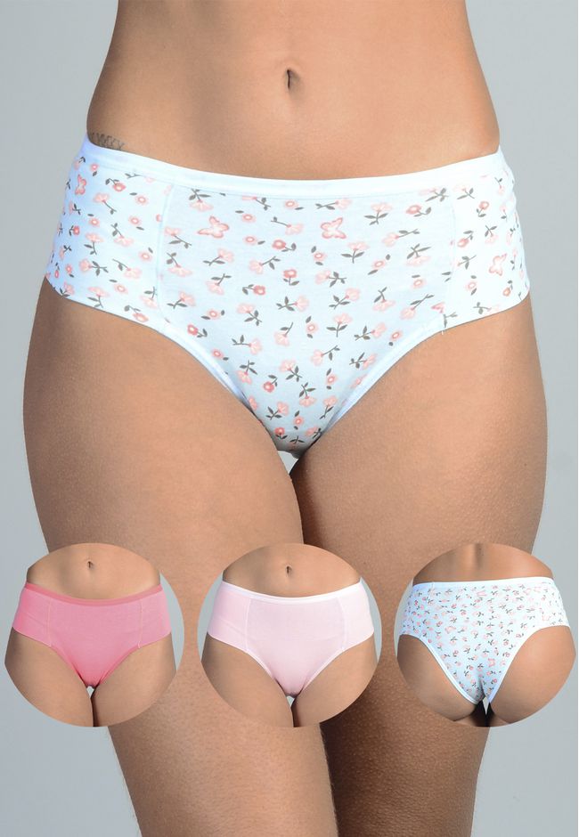 Kit 3 Calcinhas Floral, Coral e Rosê em Cotton - E... - FRELITH