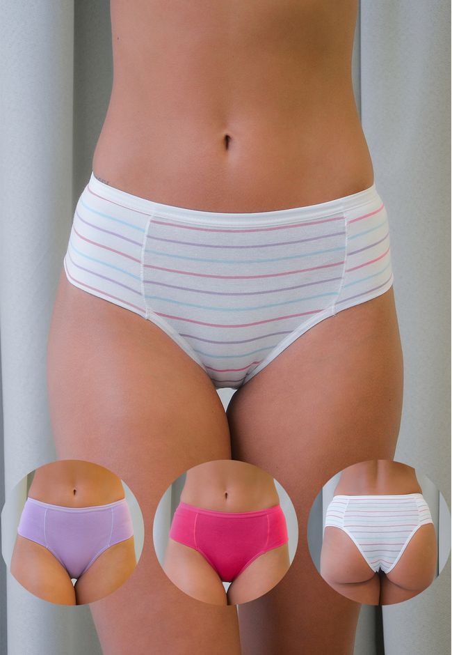 Kit 3 Calcinhas Frelith Listras Color Pink e Lilás... - FRELITH