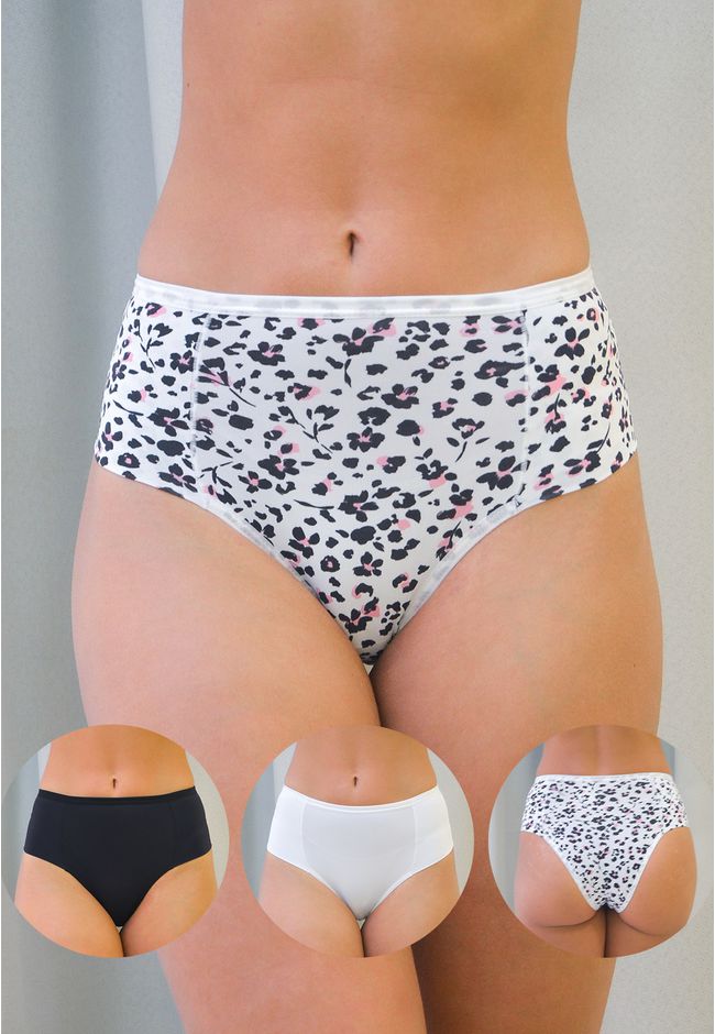 Kit 3 Calcinhas Frelith Floral Branco e Preto - ES... - FRELITH