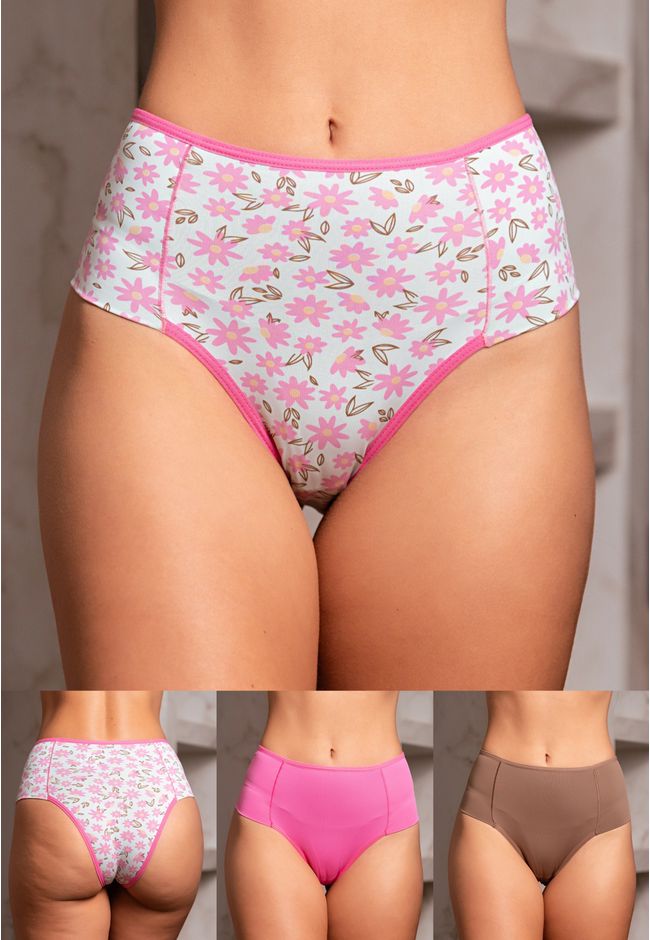 Kit 3 Calcinhas Frelith Floral Castanho e Rosa - E... - FRELITH