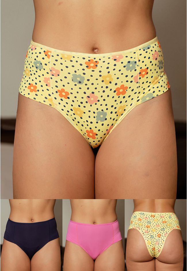 Kit 3 Calcinhas Frelith Floral Poá, marinho e rosa... - FRELITH