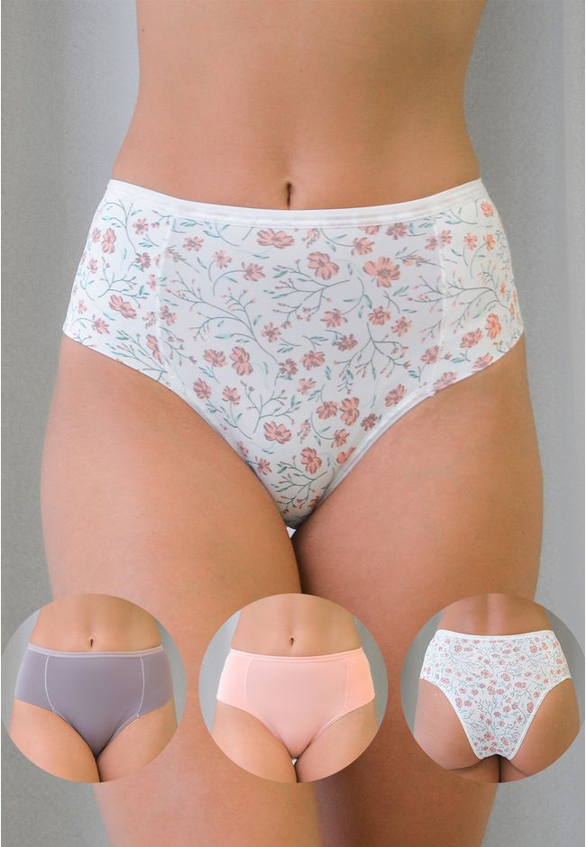 Kit 3 Calcinhas Floral Frelith Roxo e Rosê em Micr... - FRELITH