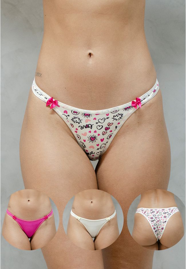 Kit 3 Calcinhas Frelith Love Corações Pink e Marfi... - FRELITH