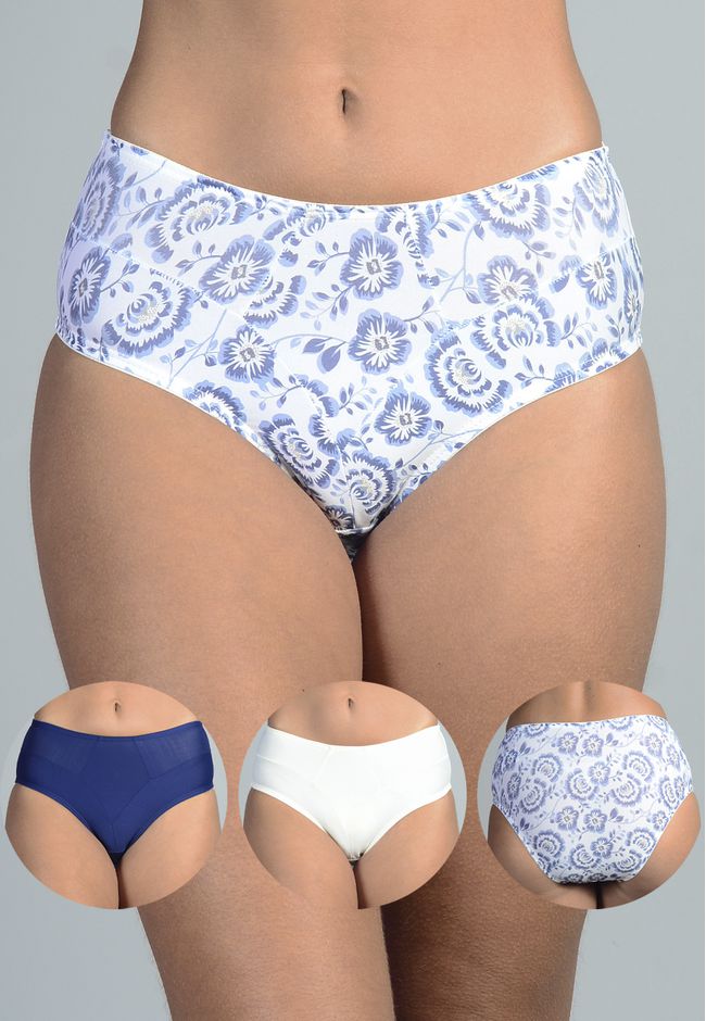 Kit 3 Calcinhas Floral, Marfim e Azul Marinho em M... - FRELITH