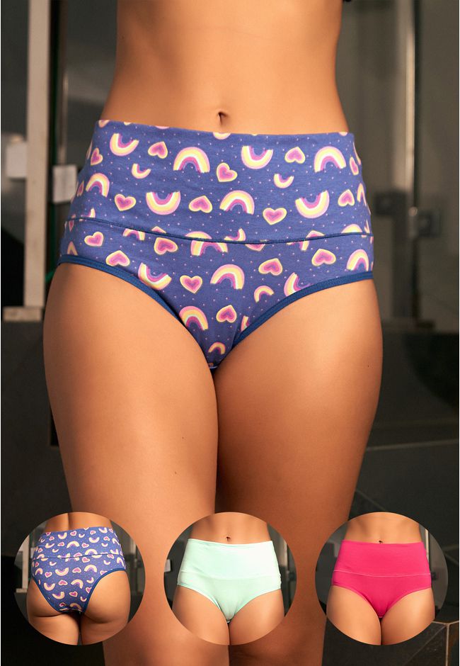 Kit 3 Calcinhas Frelith Cós Alto Arco Íris Verde e... - FRELITH