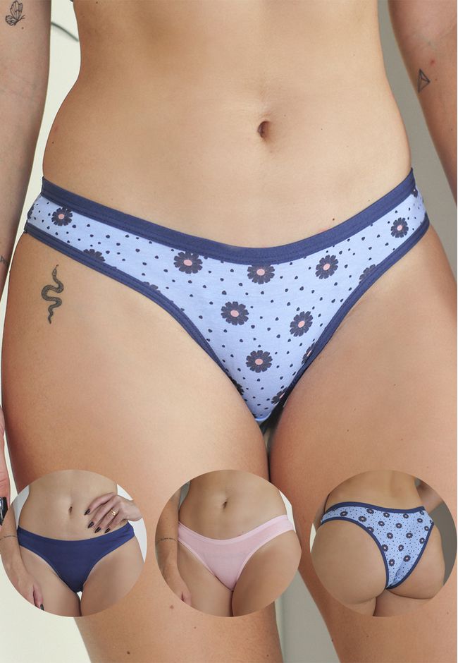 Kit 3 Calcinhas Florzinhas e Bolinhas, Azul Marinh... - FRELITH