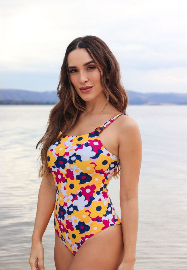 Maiô sem Bojo com Argolas e Estampa Floral em Microfibra - ESTAMPADA