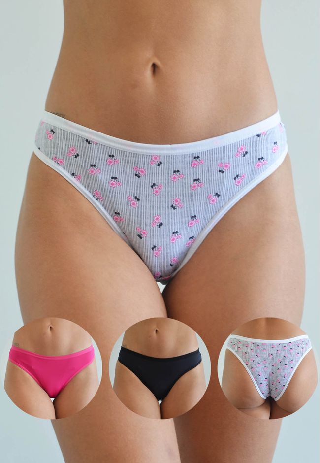 Kit 3 Calcinhas Frelith Floral, Preto e Pink em Mi... - FRELITH