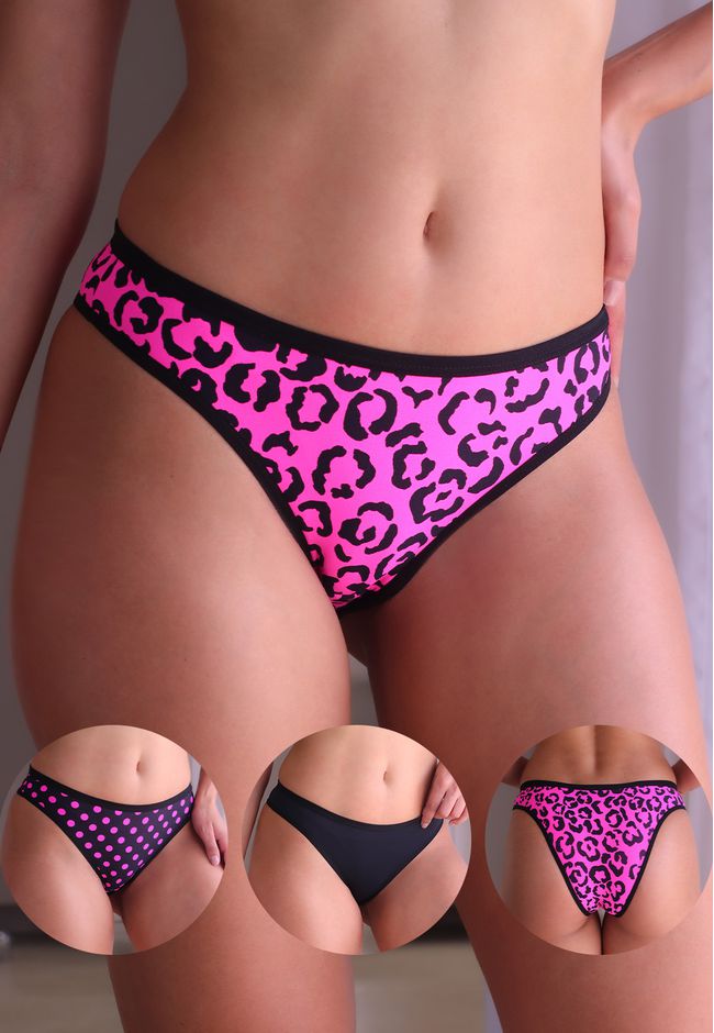 Kit 3 Calcinhas Frelith Neon Pink Onça Poá e Preto... - FRELITH
