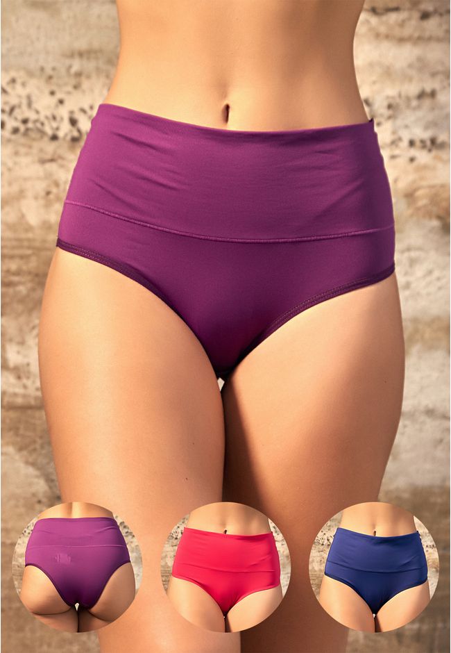 Kit 3 Calcinhas Frelith Cós Alto Marinho Pink e Ro... - FRELITH