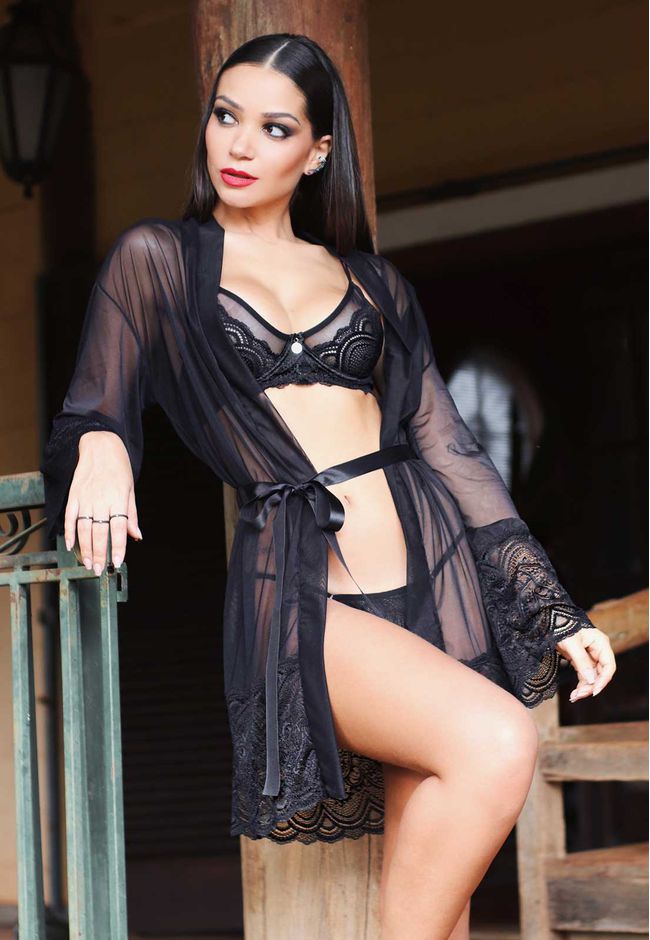 Robe Frelith Tule Transparente Renda Barra - PRETO - FRELITH