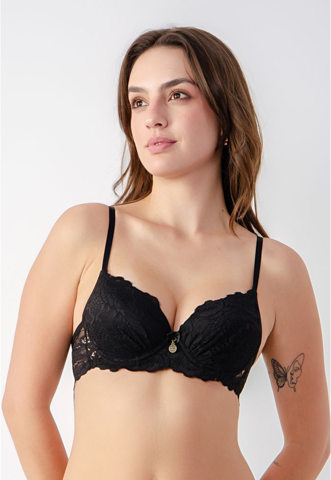 Sutiã Base Larga Franzido em Renda Frelith - PRETO - FRELITH