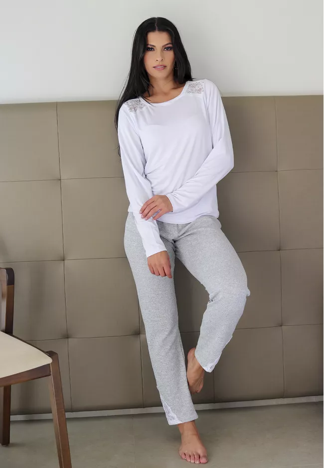 Pijama Inverno Frelith Branco e Mescla Flanelado e... - FRELITH
