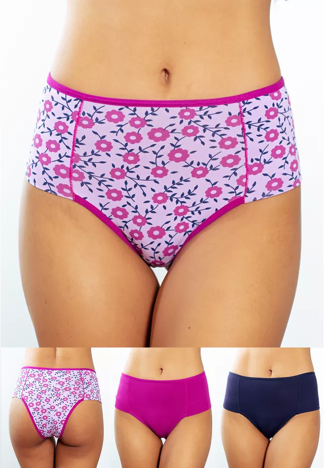 Kit 3 Calcinhas Frelith Floral, Fúcsia e Marinho -... - FRELITH