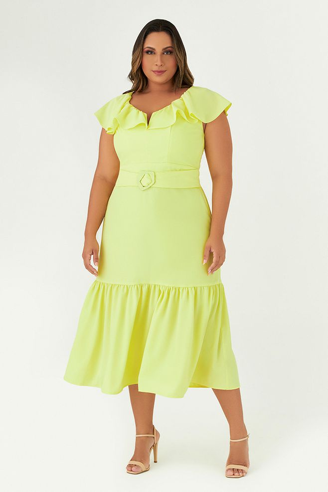 Vestido MySize Midi com Detalhe Babados Feminino - Essência