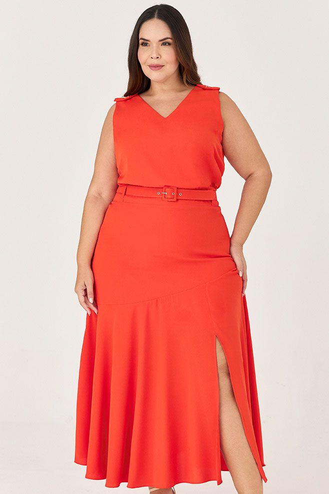 Vestido Midi Fenda com Cinto - MySize Ícones 