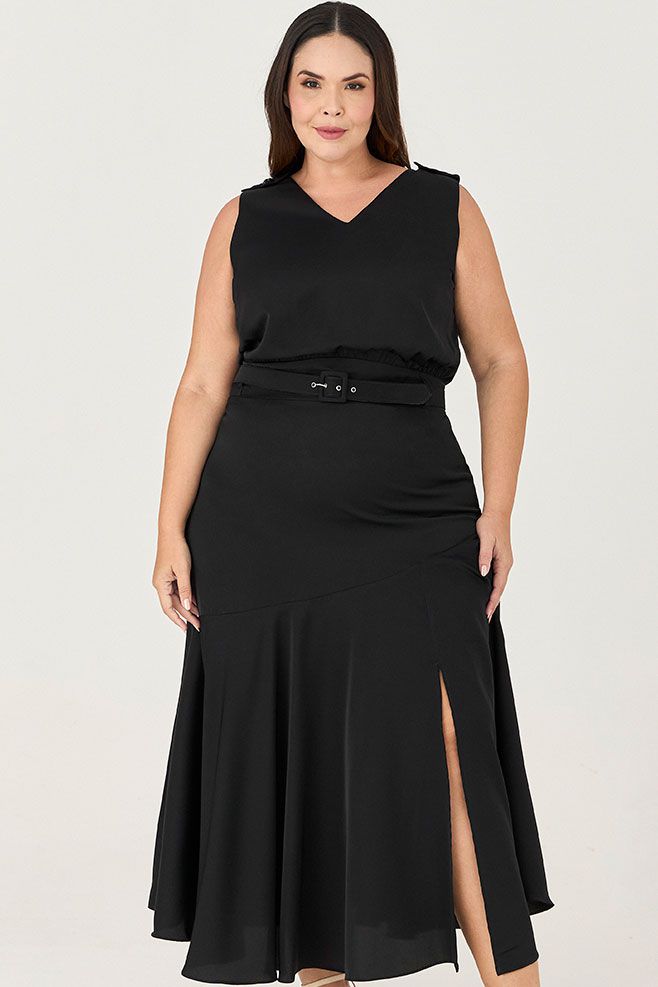 Vestido Midi Fenda com Cinto - MySize Ícones