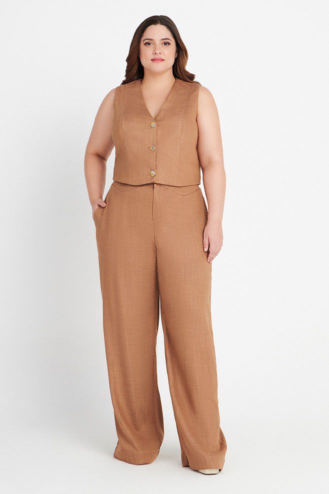 Calça MySize Pantalona Detalhe Cós Assimétrico Feminino - Newlight
