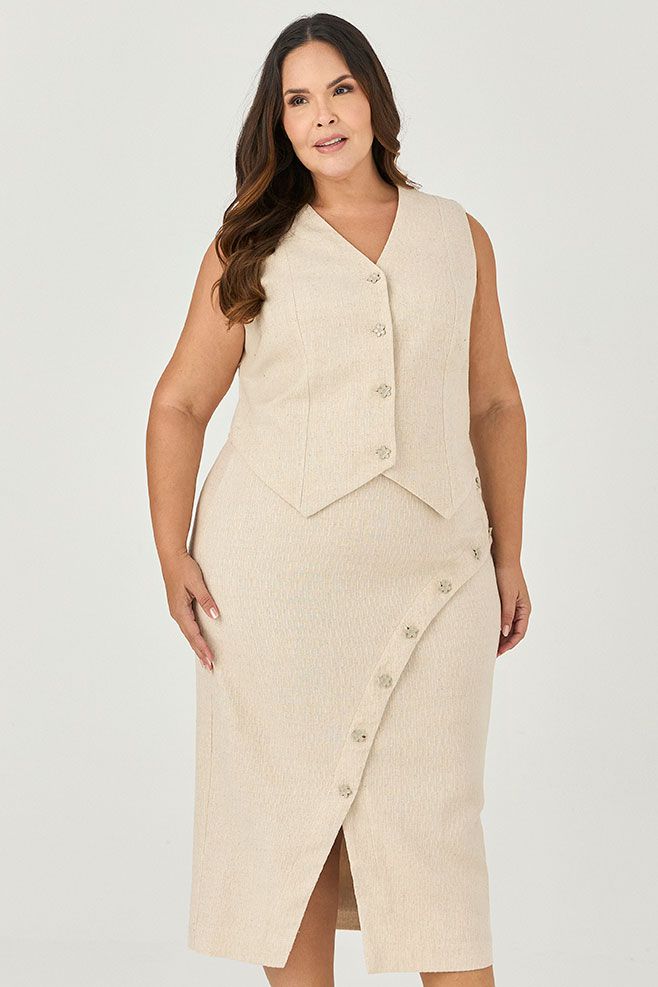 Conjunto Colete e Saia Midi com Botão Flor - MySize - Sentir