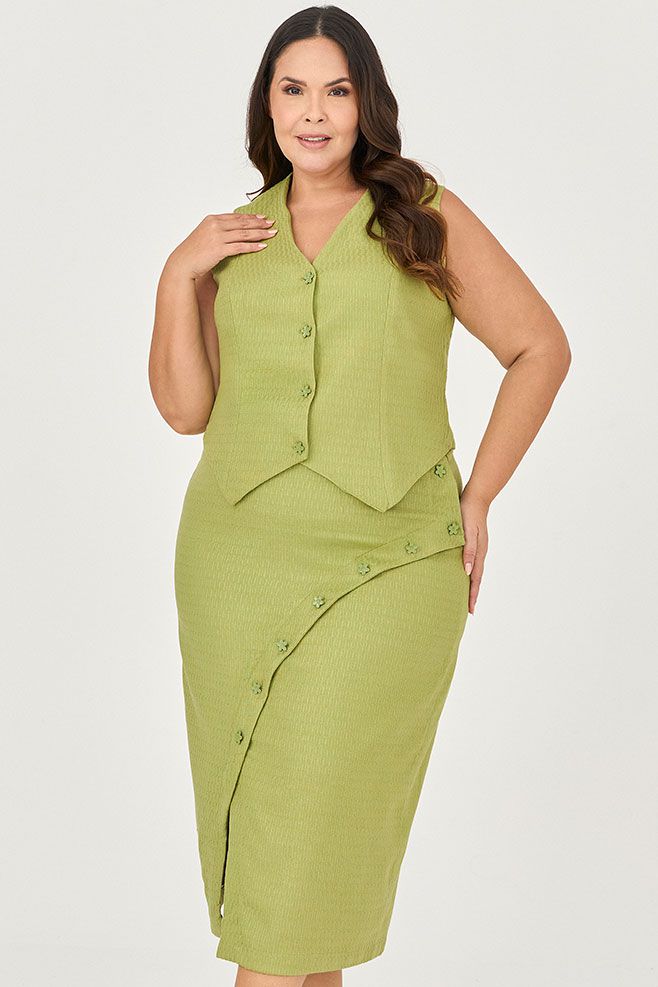 Conjunto Colete e Saia Midi com Botão Flor - MySize - Sentir 