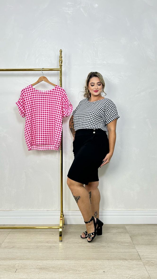 Blusa de Manga Xadrez Rosa e Branco