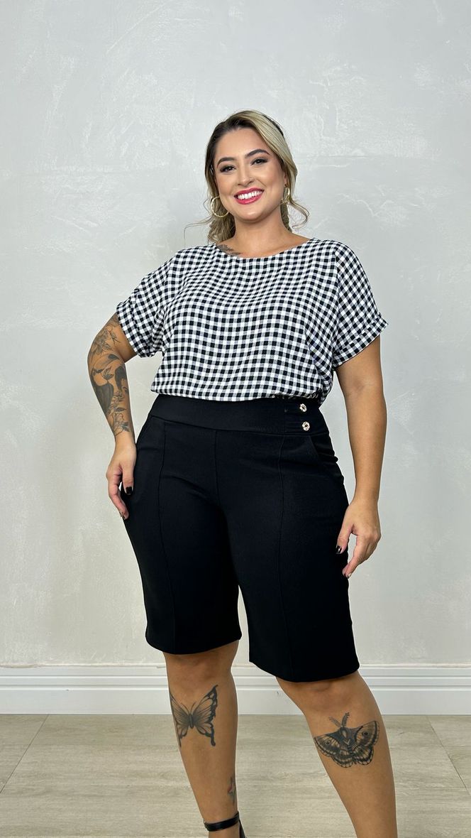 Blusa de Manga Xadrez Rosa e Branco