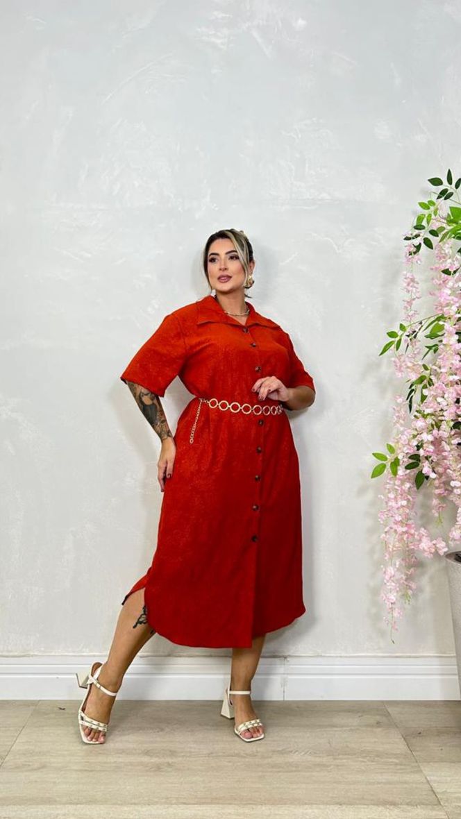Vestido Longo Com Botão Terra Cota