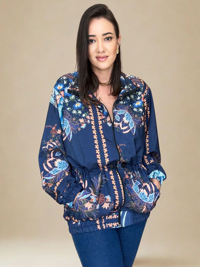 Jaqueta Parka Estampa Floral- Azul Escuro - MeiMi Amores 