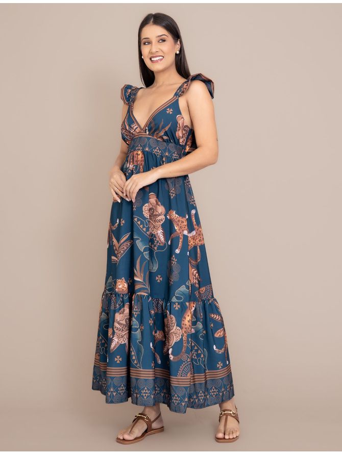 Vestido Longo Camila Estampado Azul Marinho - MeiMi Amores 