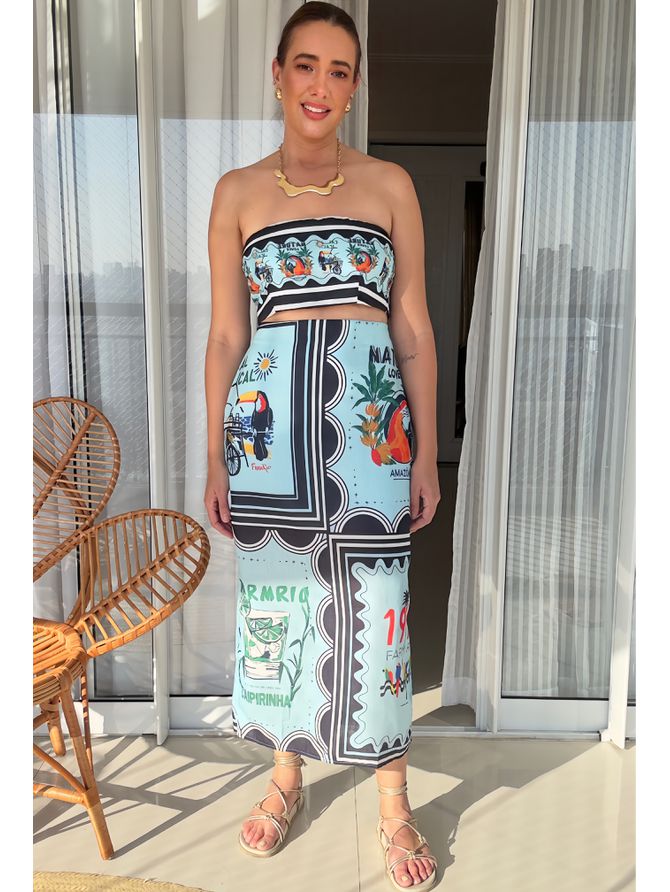 Conjunto Ipanema Saia Midi + Top Azul - MeiMi Amores 
