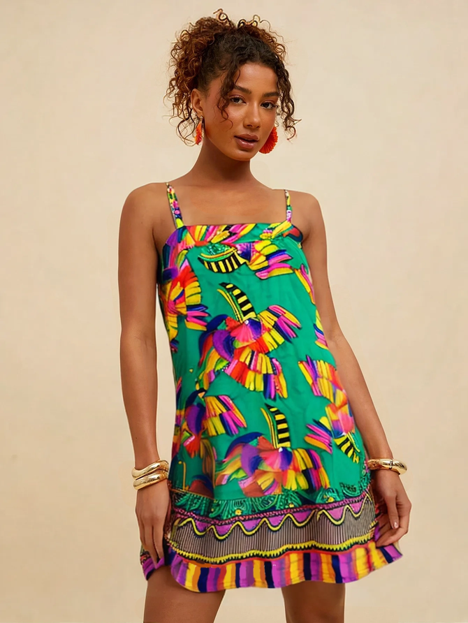 Vestido Jade Curto Estampa Tucano - Verde - MeiMi Amores 