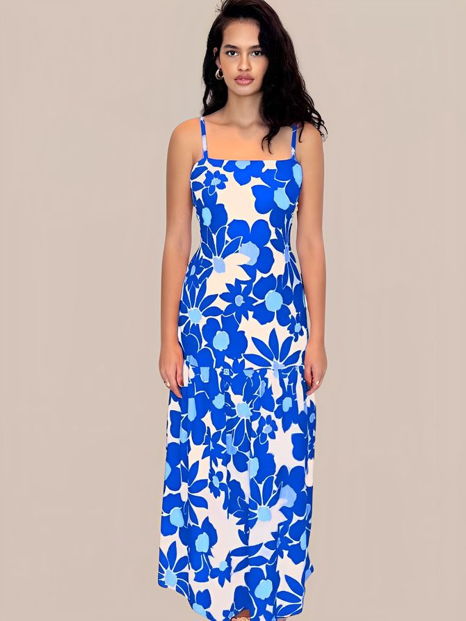 Vestido Tati Longo Floral de Alcinha - Azul - MeiMi Amores 