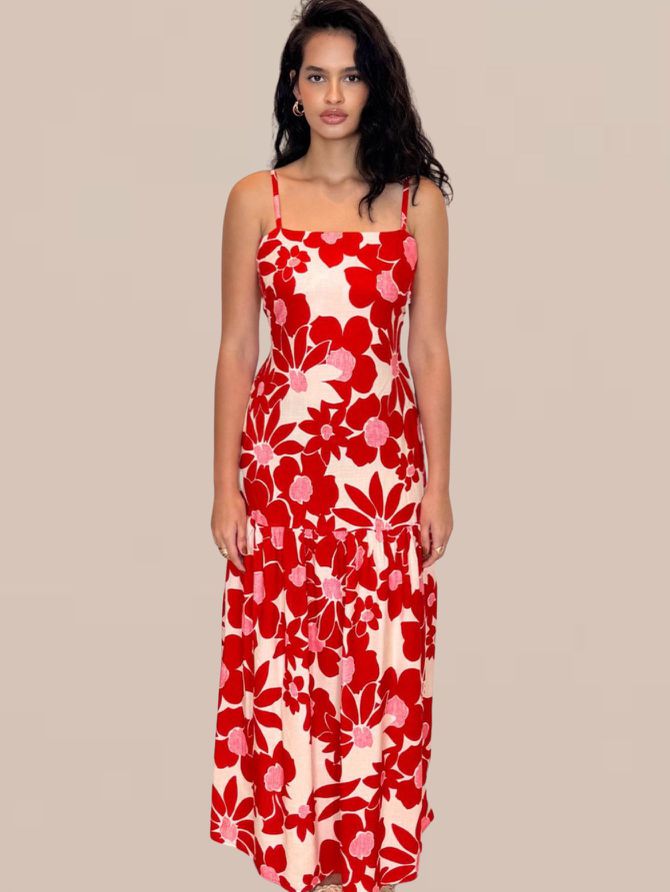 Vestido Tati Longo Floral de Alcinha - Verm... - MeiMi Amores 