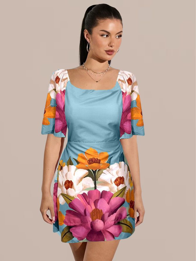 Vestido Amanda Curtinho Tubinho Floral - Az... - MeiMi Amores 