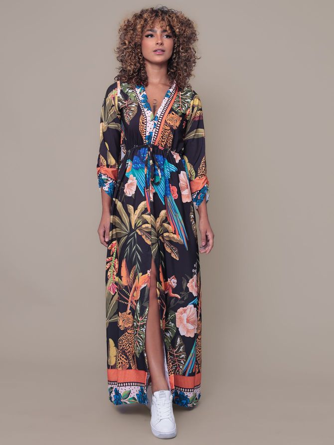 Vestido Feminino Longo Fenda Manga Longa Es... - MeiMi Amores 